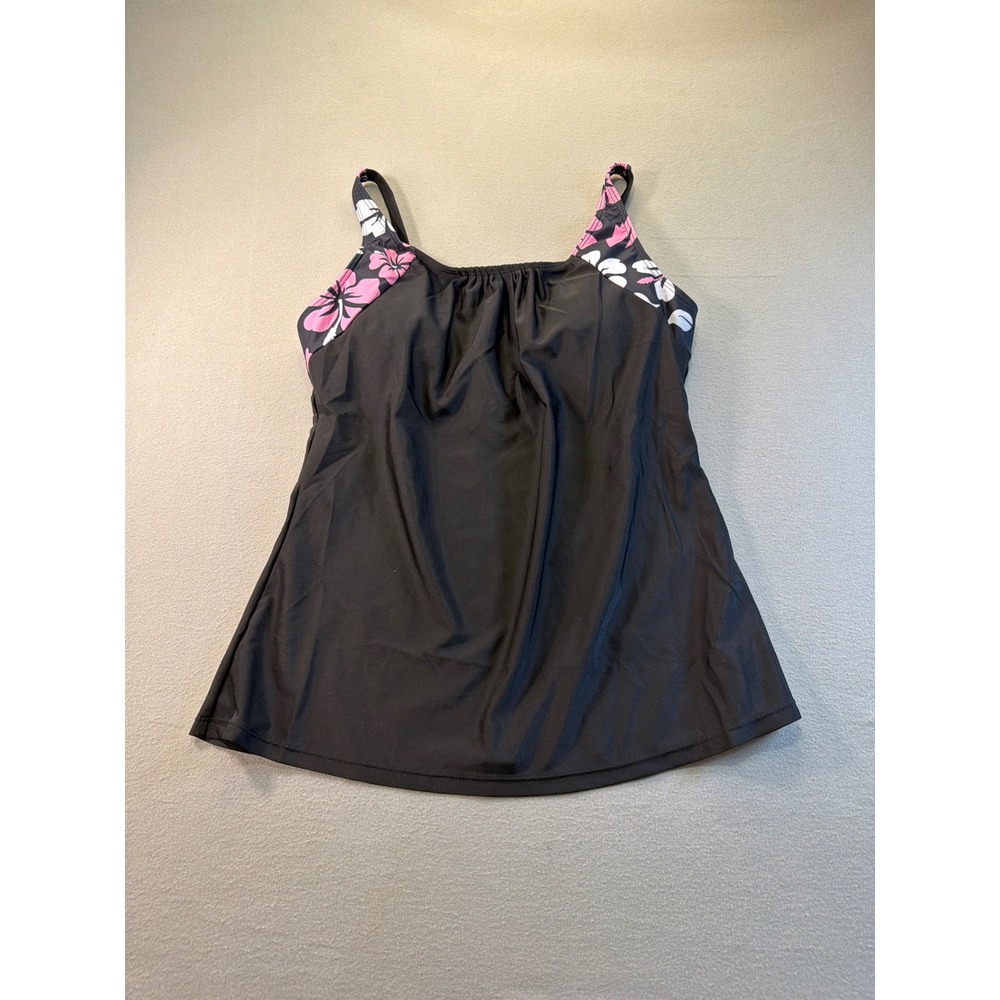 Women's Large Black Pink Floral Tankini Swim Top Adjustable Straps‎ Shelf Bra